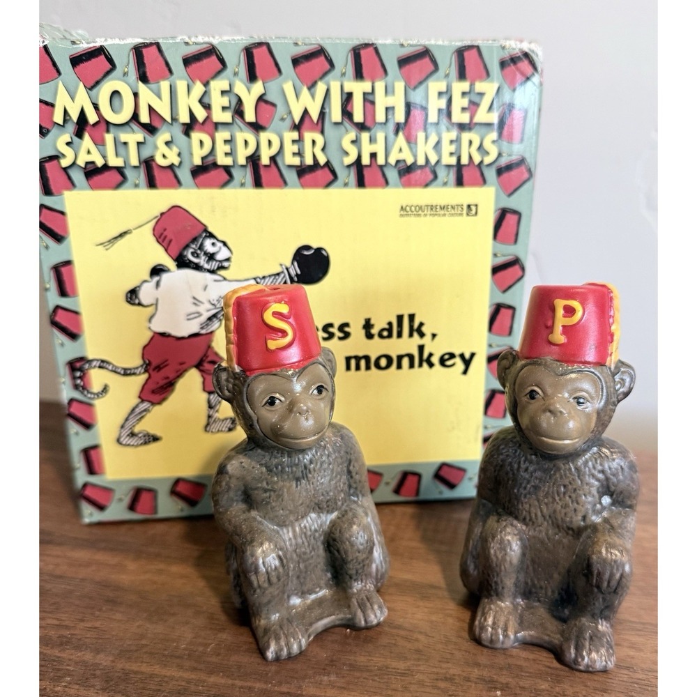 Vtg Monkey With Red Fez Shriners Salt & Pepper Shakers 1998  w/ Box